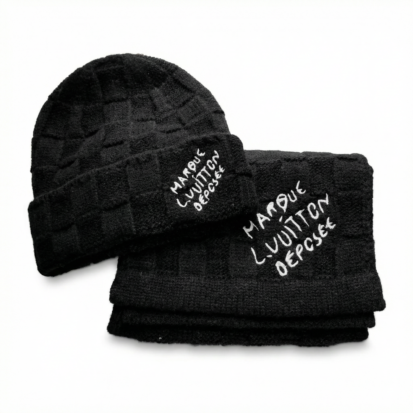 LOUIS VUITTON - Bonnet & Écharpe Damier Héritage Noir