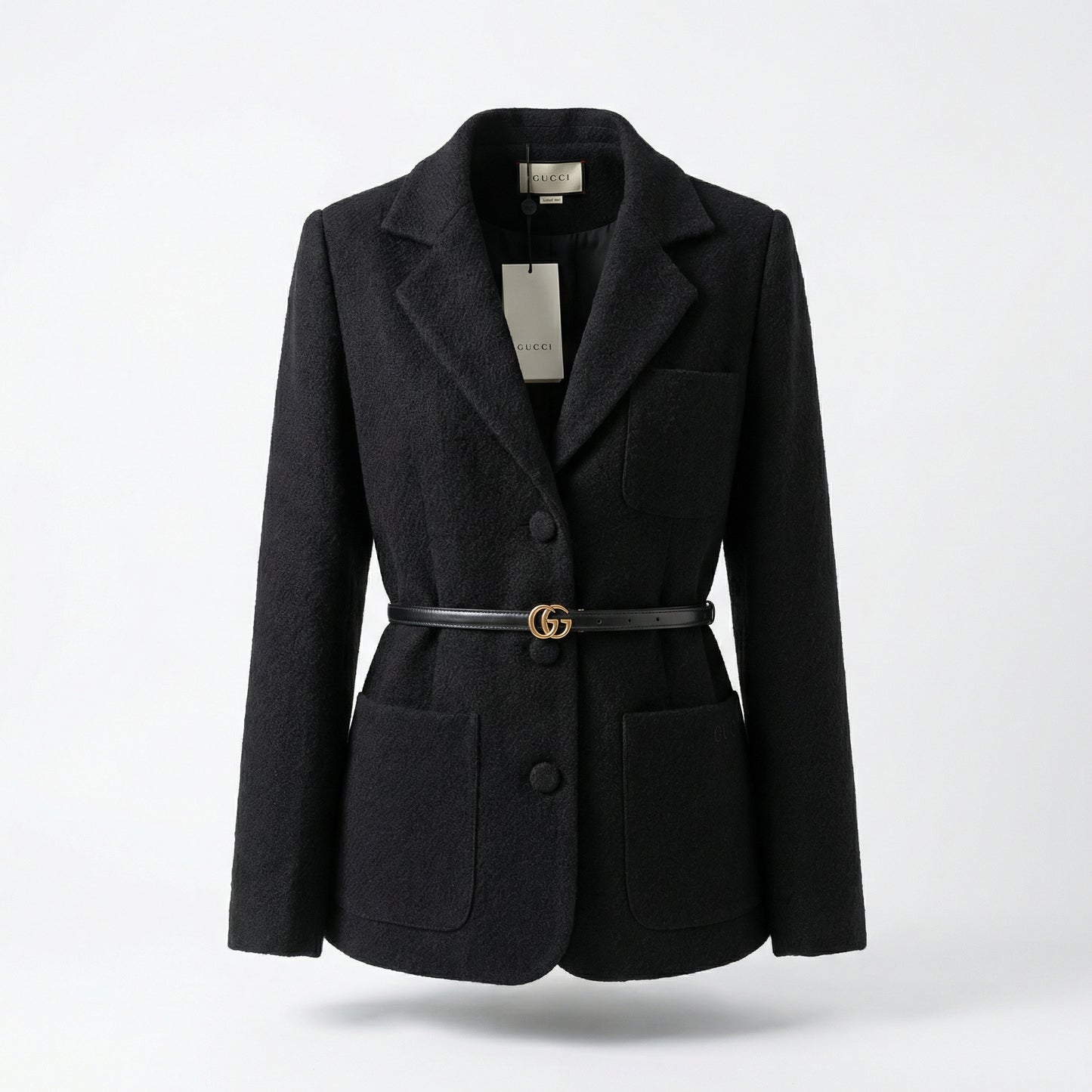 GUCCI - Veste Blazer Ceinturée en Laine Noire